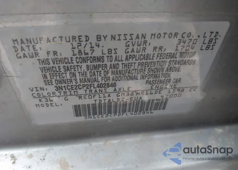 2015 Nissan Versa Note Sv z USA, uszkodzony, nr VIN 3N1CE2CP2FL402846